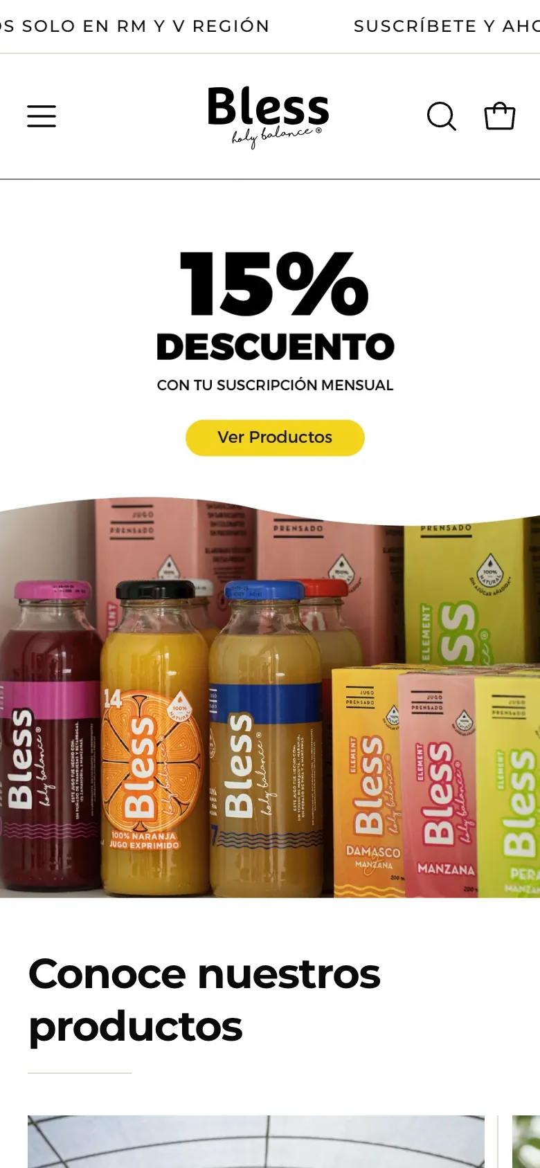 Portada de bless.cl en un teléfono: menú compacto, banner de la suscripción mensual con 15% de descuento, foto de botellas y cajas, y el título «Conoce nuestros productos».