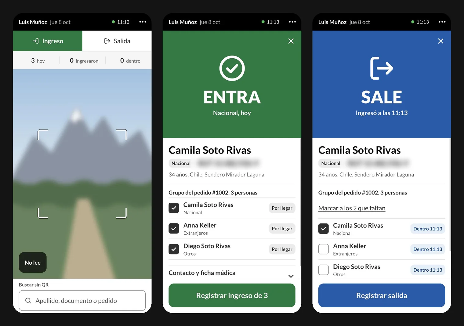 Tres pantallas de portería en el teléfono: el lector con contadores de hoy, el veredicto ENTRA en verde con el grupo del pedido marcado y el veredicto SALE en azul con la hora de ingreso.